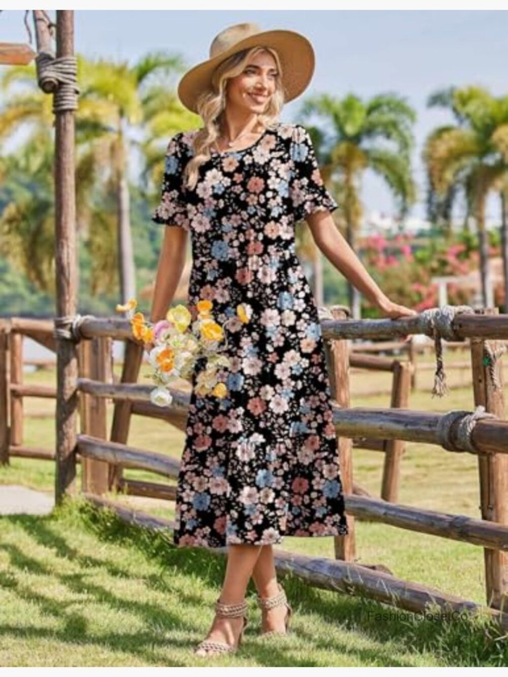 Flowy Midi Sundress with Ruffle Short Sleeves and Pockets - Picture 4 of 7
